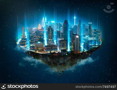 Fantasy island floating in the air with network light came out from the ground , Smart city and wireless network connection concept .