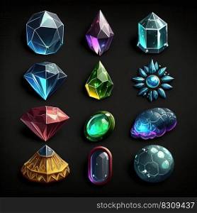 Fantasy jewelry gems. Crystal stone icons on black background, magic gemstones, achievement fairytale treasure. Jewelry and gem icon collection for game. AI. Set of fantasy jewelry gems, stone icon for game on black background. AI