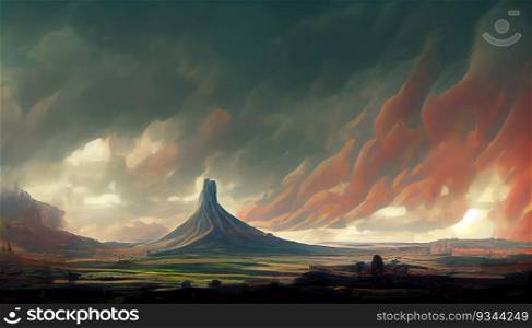 Fantasy landscape with lonely mountain and gloomy sky with clouds. Generative AI technology. Fantasy landscape with lonely mountain. AI generated