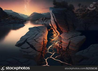 fantasy mountain golden river or volcanic magma in the mountains. Neural network AI generated art. fantasy mountain golden river or volcanic magma in the mountains. Neural network AI generated