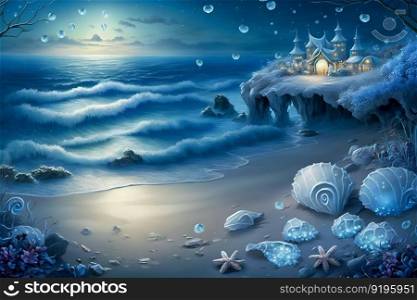 Fantasy night seascape with magic seashells. Neural network AI generated art. Fantasy night seascape with magic seashells. Neural network AI generated