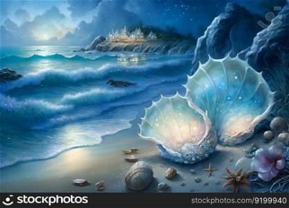 Fantasy night seascape with magic seashells. Neural network AI generated art. Fantasy night seascape with magic seashells. Neural network AI generated