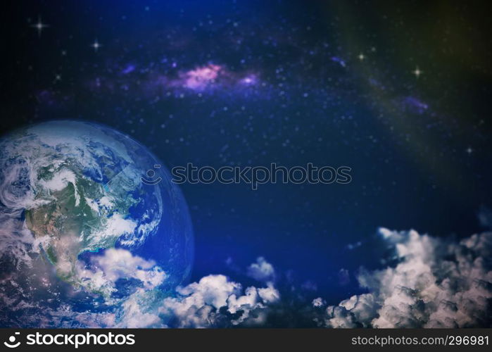 Fantasy night sky view, earth with clouds and milky way in the blue sky. Surreal image for background. Elements of this image are furnished by NASA.