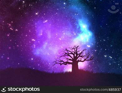 Fantasy night starry sky and alone tree background.