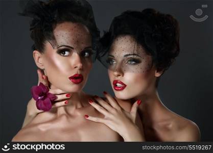 Fantasy. Pair of Desirable Gorgeous Women in Dark Veils. Togetherness