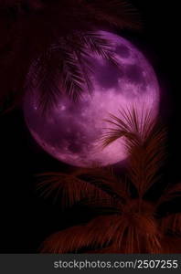 Fantasy palm trees and full moon, elements for this image furnished by NASA, 3D Illustration.