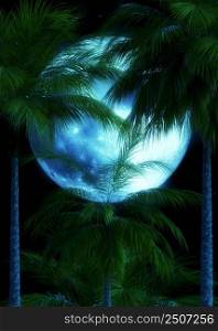 Fantasy palm trees and full moon, elements for this image furnished by NASA, 3D Illustration.