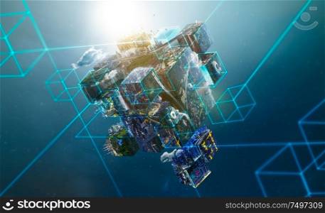 Fantasy puzzle cube of city and landscapes floating in the air , city scape and network connection concept .