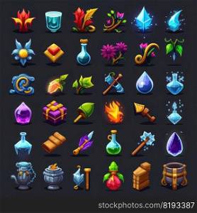fantasy rpg 2d game icons ai generated. ui gold, interface object, effect gem fantasy rpg 2d game icons illustration. fantasy rpg 2d game icons ai generated