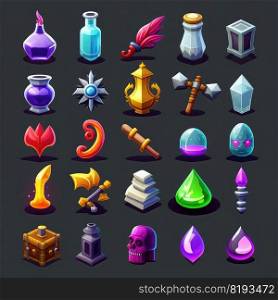 fantasy rpg 2d game icons ai generated. ui gold, interface object, effect gem fantasy rpg 2d game icons illustration. fantasy rpg 2d game icons ai generated