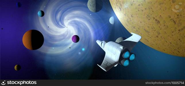 Fantasy scene: White spaceship with turbine lit across the galaxy with planets of different colors around it. Wide format. 3D illustration