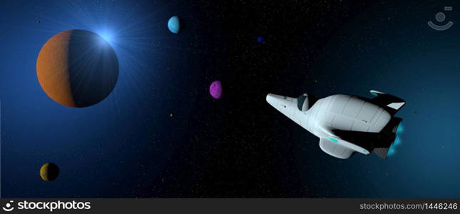 Fantasy scene: White spaceship with turbine lit across the galaxy with planets of different colors around it. Wide format. 3D illustration