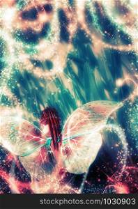 Fantasy scene with floral 3d rendered fairy over blurry grass background with glowing stars.