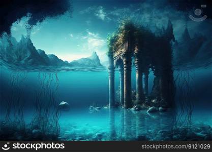 Fantasy seascape with majestic architecture elements and stone ruins in water. Temple in ancient city, lost civilization. Generative AI. Fantasy seascape with lost city. Generative AI