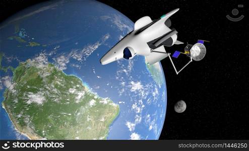 Fantasy space shuttle placing in the orbit of planet Earth a communications satellite with the moon and the sun in the background. 3D illustration