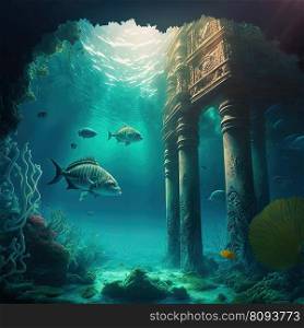 Fantasy underwater seascape with majestic architecture elements and stone ruins. Temple in ancient city, lost civilization. Generative AI. Fantasy underwater seascape with lost city. Generative AI
