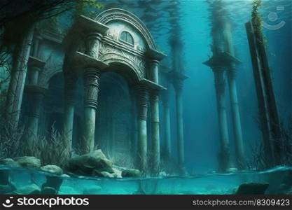 Fantasy underwater seascape with majestic architecture elements and stone ruins. Temple in ancient city, lost civilization. Generative AI. Fantasy underwater seascape with lost city. Generative AI