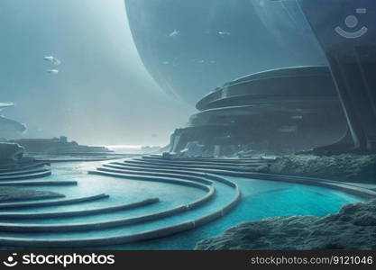 Fantasy underwater seascape with majestic architecture elements and stone ruins. Temple in ancient city, lost civilization. Generative AI. Not based on any actual scene. Fantasy underwater seascape with lost city. Generative AI. Not based on any actual scene or pattern