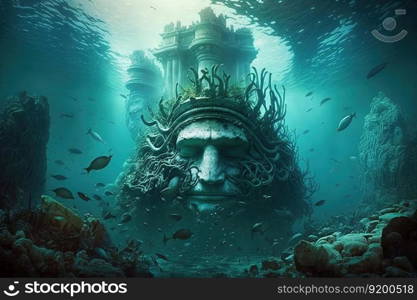 Fantasy underwater seascape with majestic architecture elements and stone ruins. Temple in ancient city, lost civilization. Generative AI. Fantasy underwater seascape with lost city. Generative AI