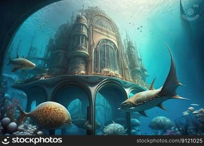 Fantasy underwater seascape with majestic architecture. Temple in futuristic city, lost civilization. Generative AI. Fantasy futuristic underwater seascape with lost city. Generative AI