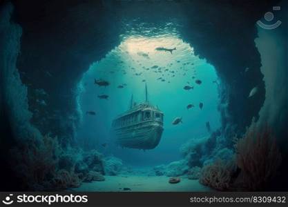 Fantasy underwater seascape with old shipwreck sunken at sea bottom. Generative AI. Fantasy underwater seascape with old shipwreck. Generative AI