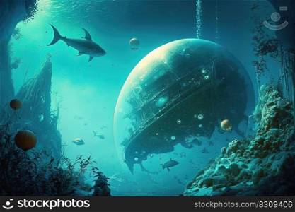Fantasy underwater seascape with ruins of temple or spaceship in futuristic city, lost civilization. Generative AI. Fantasy futuristic underwater seascape with lost city. Generative AI