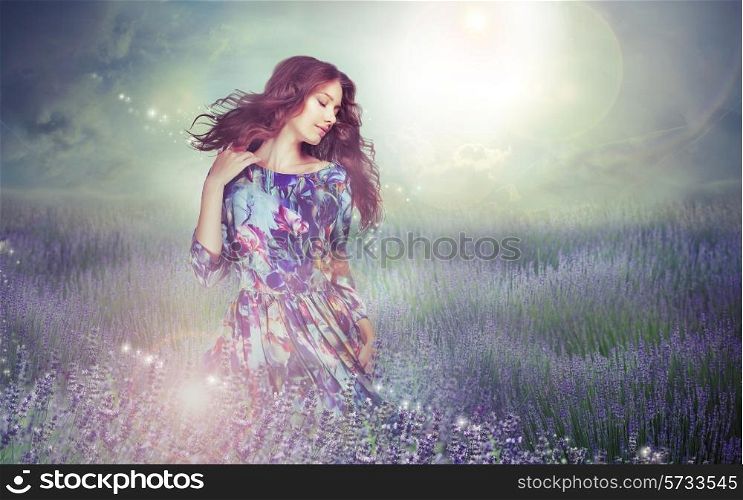 Fantasy. Woman in Enigmatic Meadow over Cloudy Sky
