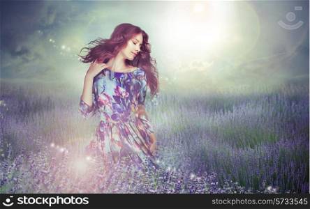 Fantasy. Woman in Enigmatic Meadow over Cloudy Sky