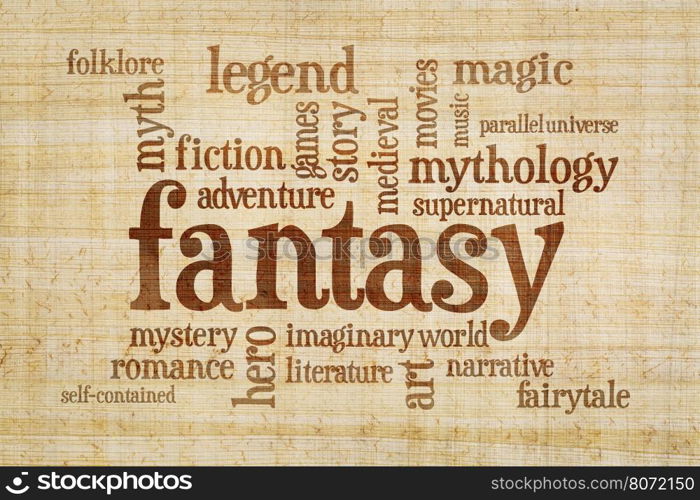 fantasy word cloud - text on a papyrus paper