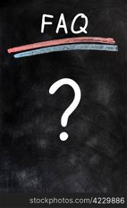 FAQ with a big question mark written on a blackboard background