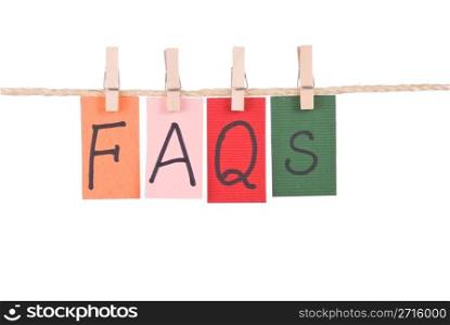 FAQS, Colorful words hang on rope by wooden peg