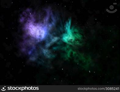 Far being shone nebula and star field against space. Elements of this image furnished by NASA. 3D rendering.. Being shone nebula and star field. 3D rendering
