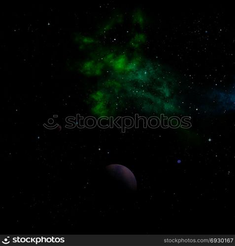 Far-out planets in a space. 3D rendering.. Planets in a space and nebula. 3D rendering.