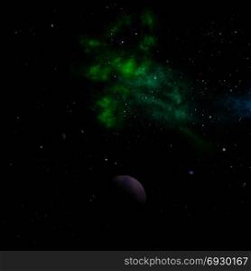 Far-out planets in a space. 3D rendering.. Planets in a space and nebula. 3D rendering.