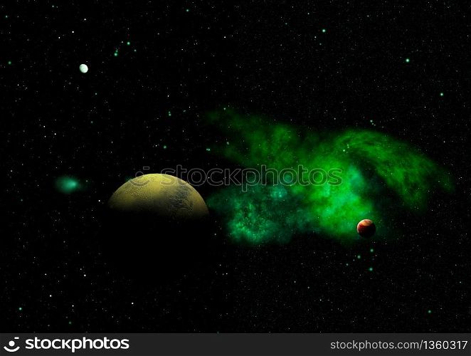 Far-out planets in a space against stars and nebula. Elements of this image furnished by NASA . 3D rendering.. Far-out planets in a space. 3D rendering.
