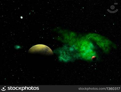 Far-out planets in a space against stars and nebula. Elements of this image furnished by NASA . 3D rendering.. Far-out planets in a space. 3D rendering.