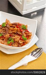 Farfalle with vegetable and beef. Farfalle with vegetable and beef meat