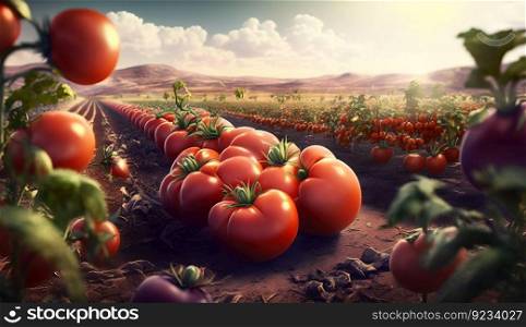 Farm field of ripe organic red tomatoes in summer afternoon. Vegetables with vitamins, vegetarian cuisine. AI generated.. Farm field of ripe organic red tomatoes in summer afternoon. AI generated.