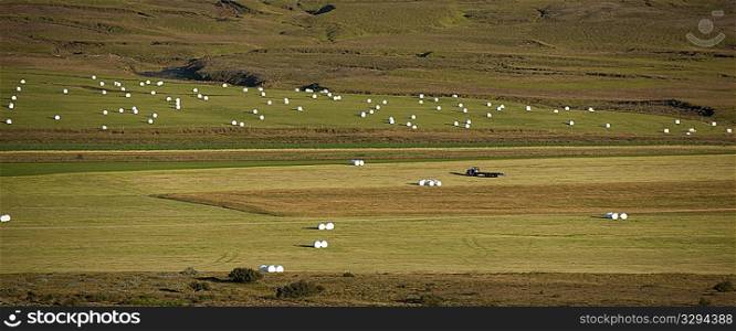 Farm fields with hay bales