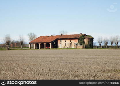 Farm in the fields between trees, horizontal image