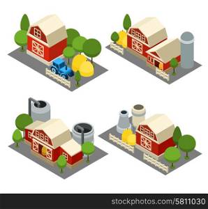 Farm Isometric Icons Set . Farm building isometric icons set with tractor house and trees isolated vector illustration