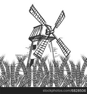 Farm landscape with mill and wheat. Farm landscape with hand drawn mill and wheat ears on white background. Vector illustration