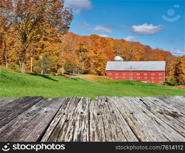 Farm near highway at autumn day in Vermont, USA.