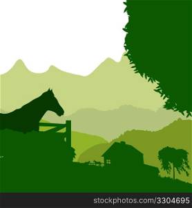 Farm on mountain site, background illustration