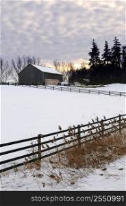 Farm with a barn and horses in winter at sunset