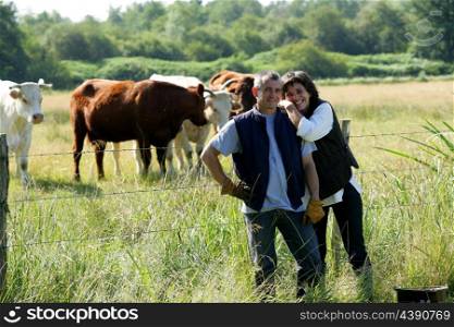 Farmer and wife stood in field of cows