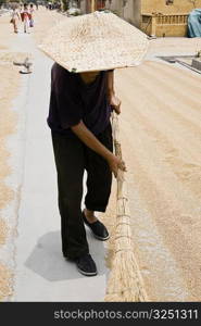 Farmer drying rice in a field, Zhigou, Shandong Province, China