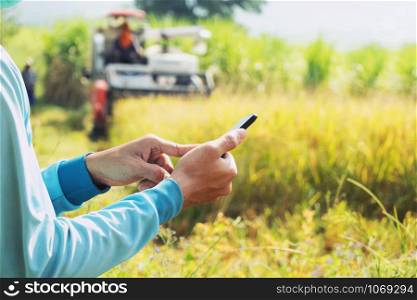 farmer hand using mobile phone. agriculture concept