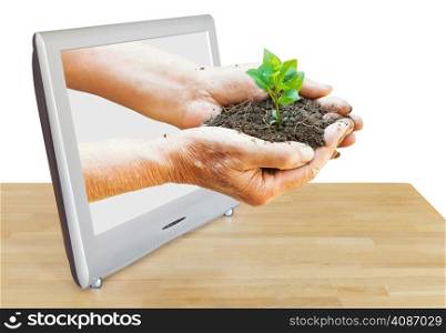 farmer hands holding handful of soil with plant leads out TV screen isolated on white background