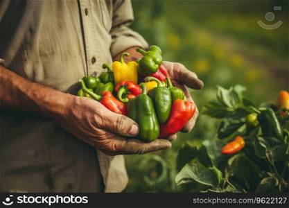 Farmer holding in his hand some peppers freshly picked from the ground.. Farmer holding in his hand some peppers freshly picked from the ground